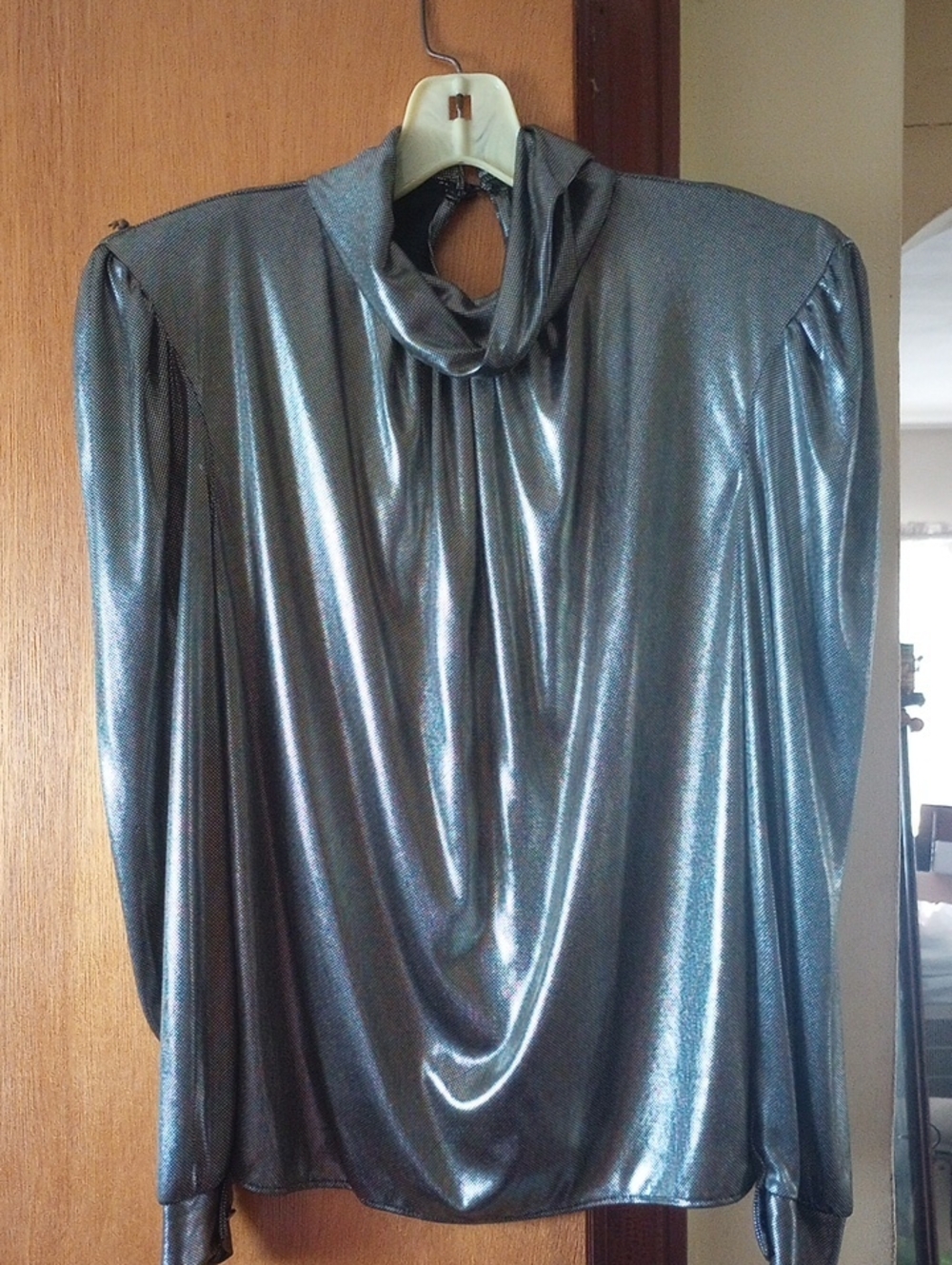 Vintage Metallic Silver & Black Fancy Modest Classic Blouse, M-L, PLEASE READ
